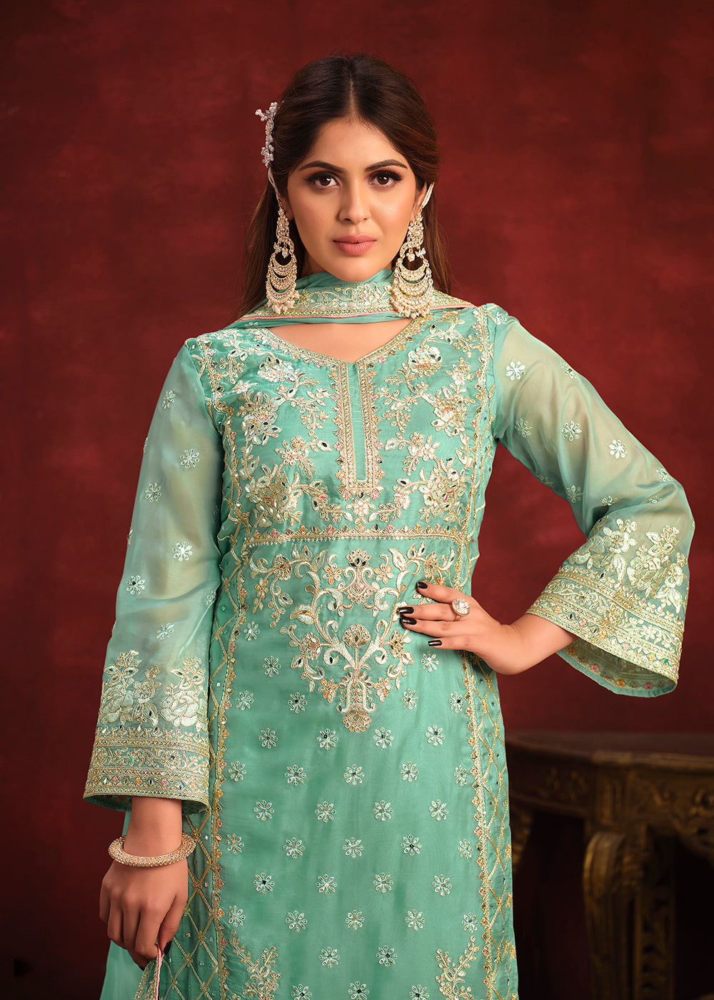 Buy Now Viscose Organza Green Zari & Sequins Festive Salwar Suit Online in USA, UK, Canada, Germany, Australia & Worldwide at Empress Clothing.