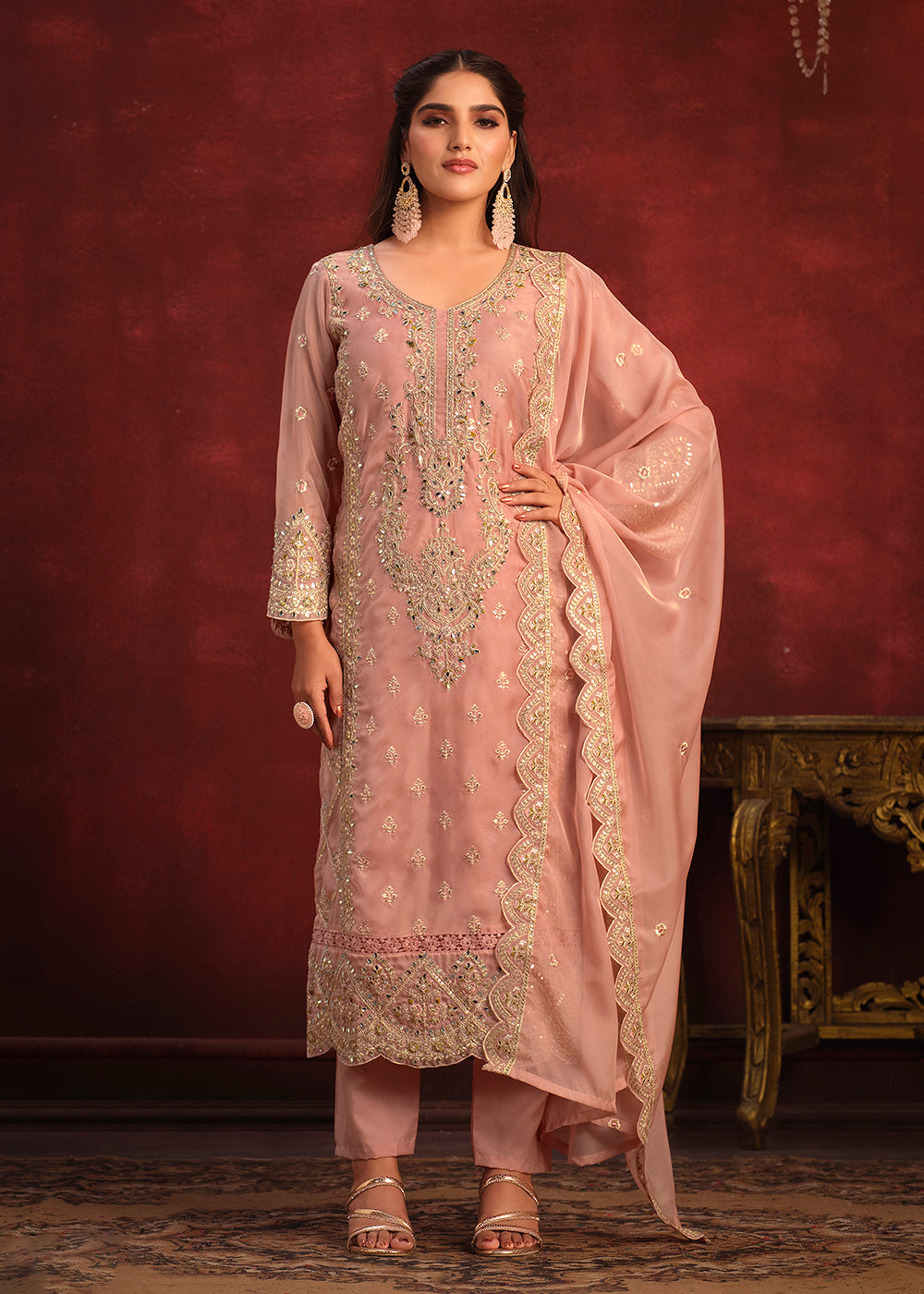 Buy Now Viscose Organza Pink Zari & Sequins Festive Salwar Suit Online in USA, UK, Canada, Germany, Australia & Worldwide at Empress Clothing. 