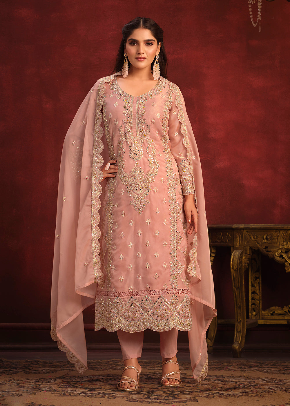 Buy Now Viscose Organza Pink Zari & Sequins Festive Salwar Suit Online in USA, UK, Canada, Germany, Australia & Worldwide at Empress Clothing. 