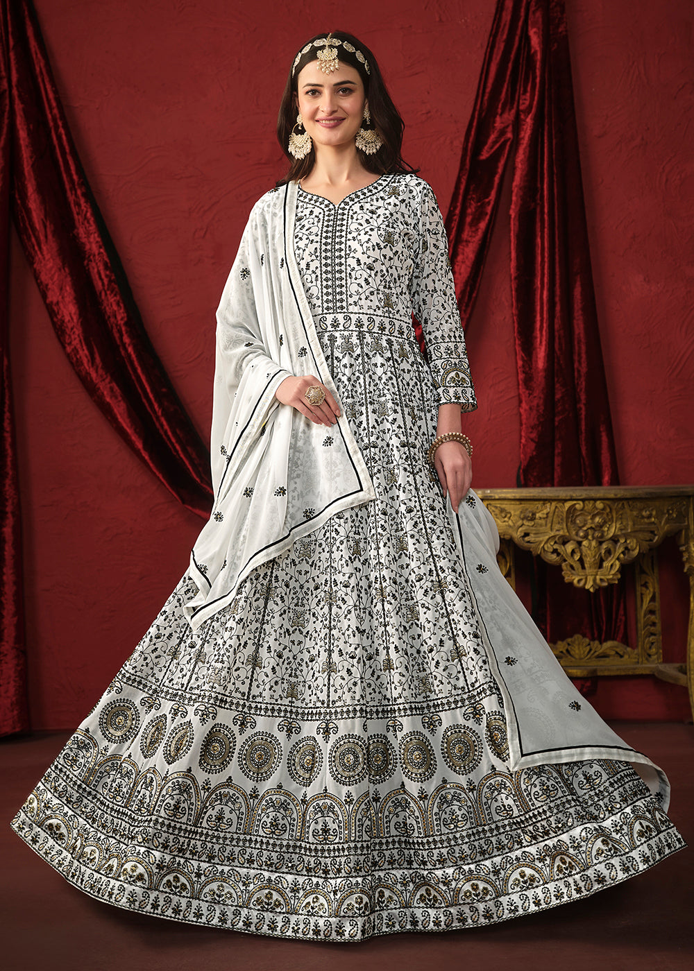 Buy Now Stunning White Front & Back Embroidered Trendy Anarkali Suit Online in USA, UK, Australia, New Zealand, Canada & Worldwide at Empress Clothing. 