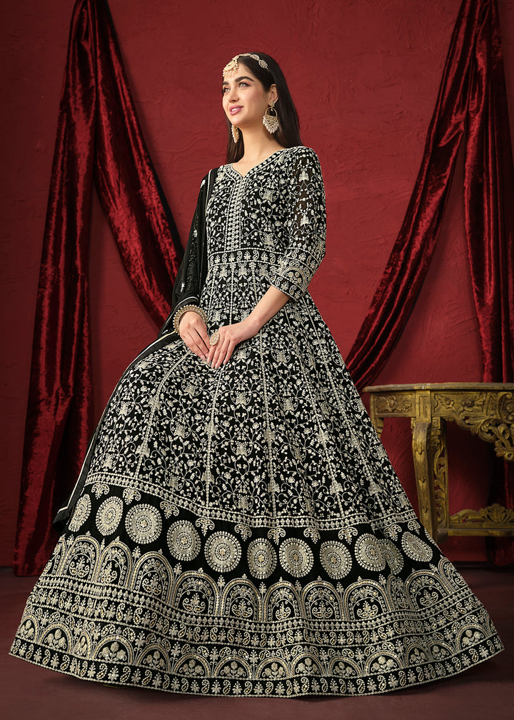 Buy Now Stunning Black Front & Back Embroidered Trendy Anarkali Suit Online in USA, UK, Australia, New Zealand, Canada & Worldwide at Empress Clothing. 