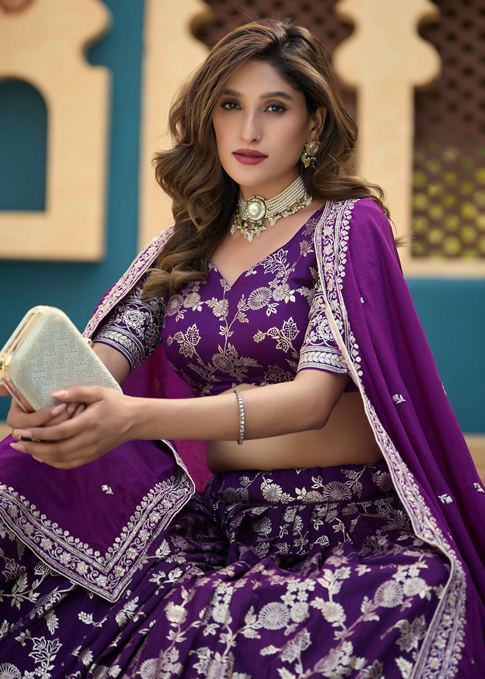 Buy Now Purple Dola Silk Jacquard Wedding Festive Lehenga Online in US, UK, Canada, France, Germany, Sweden, Greece, Denmark, Spain, UAE & Worldwide at Empress.