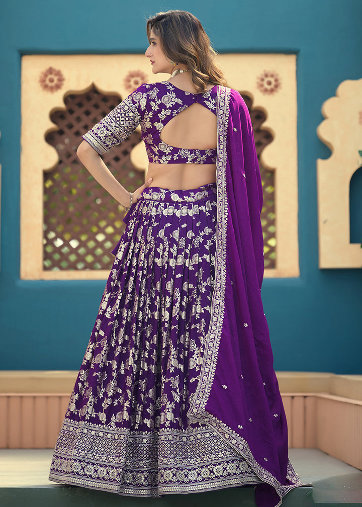 Buy Now Purple Dola Silk Jacquard Wedding Festive Lehenga Online in US, UK, Canada, France, Germany, Sweden, Greece, Denmark, Spain, UAE & Worldwide at Empress.