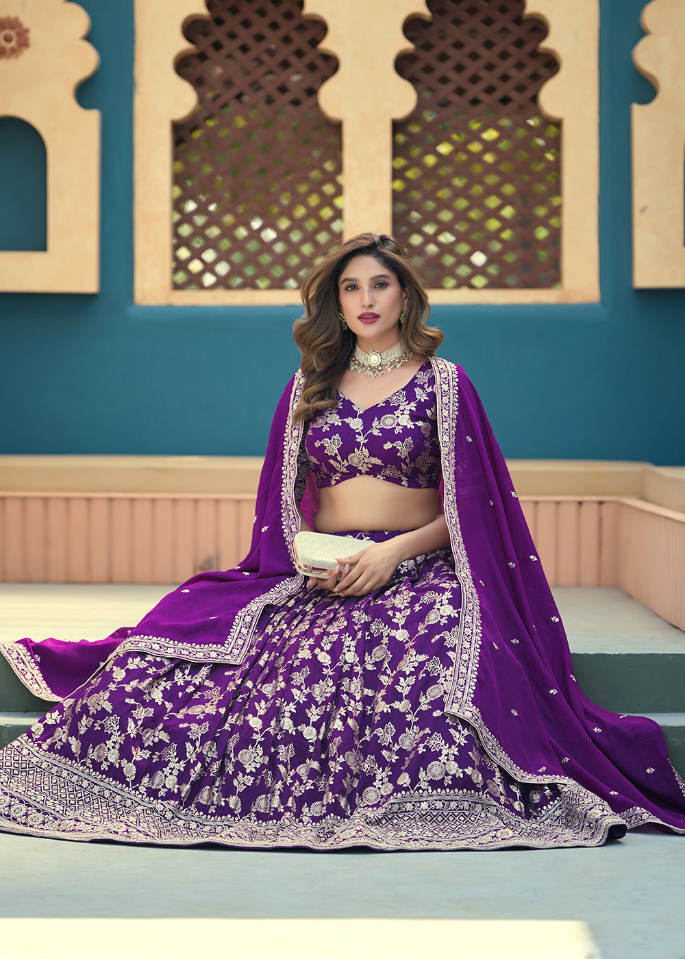 Buy Now Purple Dola Silk Jacquard Wedding Festive Lehenga Online in US, UK, Canada, France, Germany, Sweden, Greece, Denmark, Spain, UAE & Worldwide at Empress.
