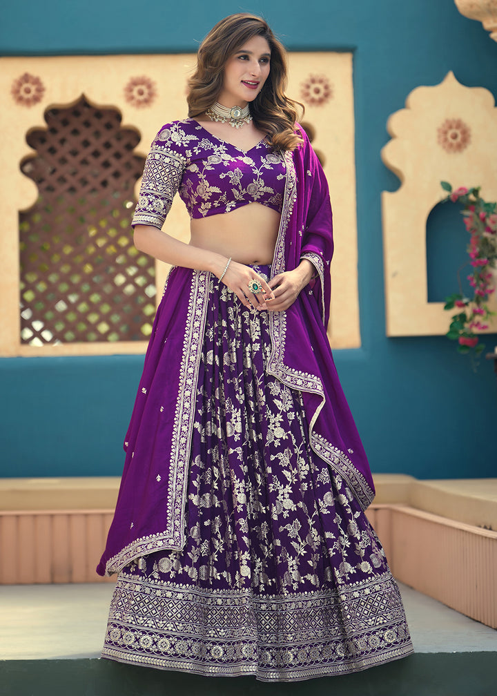 Buy Now Purple Dola Silk Jacquard Wedding Festive Lehenga Online in US, UK, Canada, France, Germany, Sweden, Greece, Denmark, Spain, UAE & Worldwide at Empress.