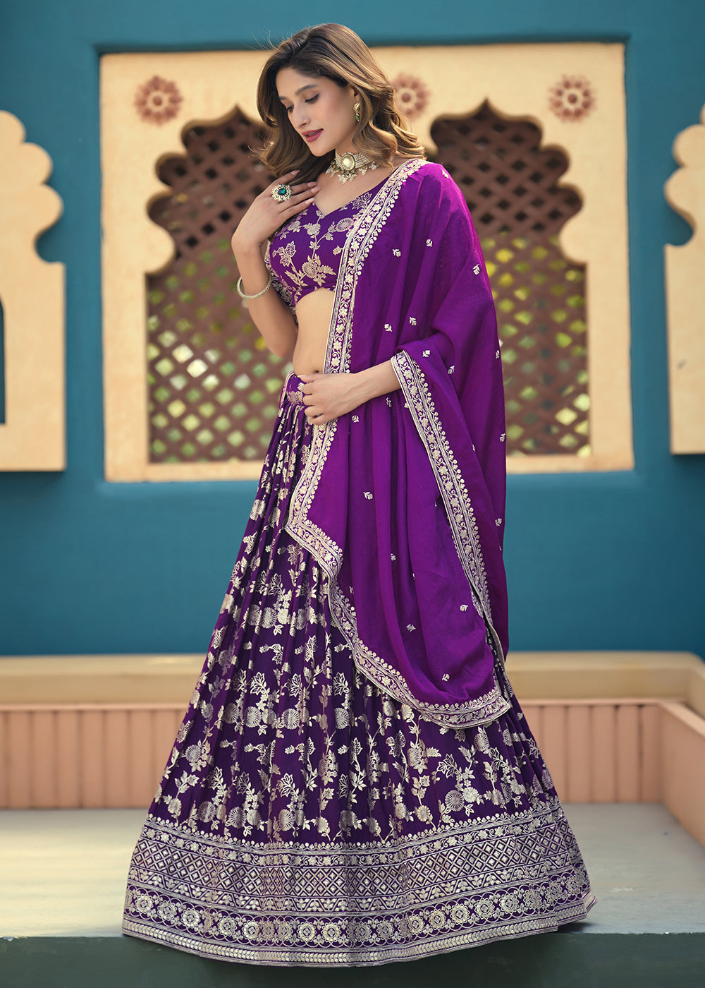 Buy Now Purple Dola Silk Jacquard Wedding Festive Lehenga Online in US, UK, Canada, France, Germany, Sweden, Greece, Denmark, Spain, UAE & Worldwide at Empress.