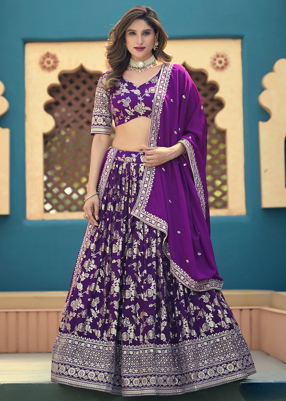 Buy Now Purple Dola Silk Jacquard Wedding Festive Lehenga Online in US, UK, Canada, France, Germany, Sweden, Greece, Denmark, Spain, UAE & Worldwide at Empress.