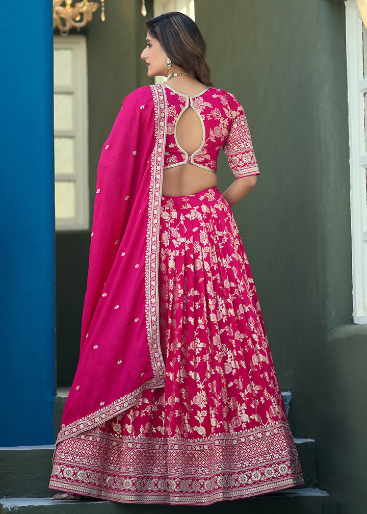 Buy Now Pink Dola Silk Jacquard Wedding Festive Lehenga Online in US, UK, Canada, France, Germany, Sweden, Greece, Denmark, Spain, UAE & Worldwide at Empress.