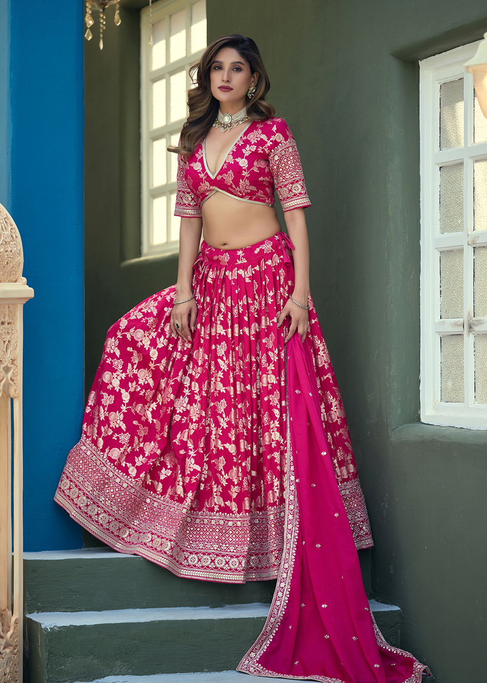 Buy Now Pink Dola Silk Jacquard Wedding Festive Lehenga Online in US, UK, Canada, France, Germany, Sweden, Greece, Denmark, Spain, UAE & Worldwide at Empress.