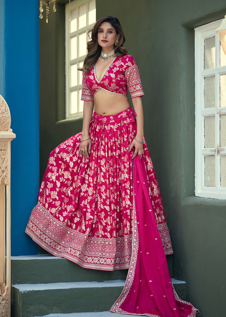 Buy Now Pink Dola Silk Jacquard Wedding Festive Lehenga Online in US, UK, Canada, France, Germany, Sweden, Greece, Denmark, Spain, UAE & Worldwide at Empress.