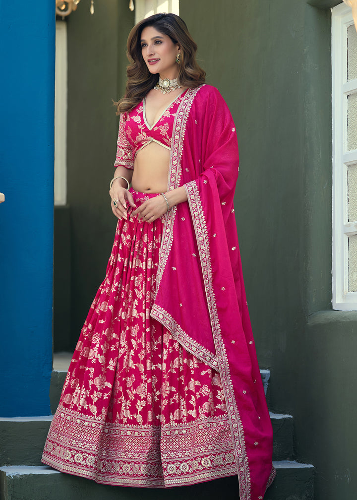 Buy Now Pink Dola Silk Jacquard Wedding Festive Lehenga Online in US, UK, Canada, France, Germany, Sweden, Greece, Denmark, Spain, UAE & Worldwide at Empress.