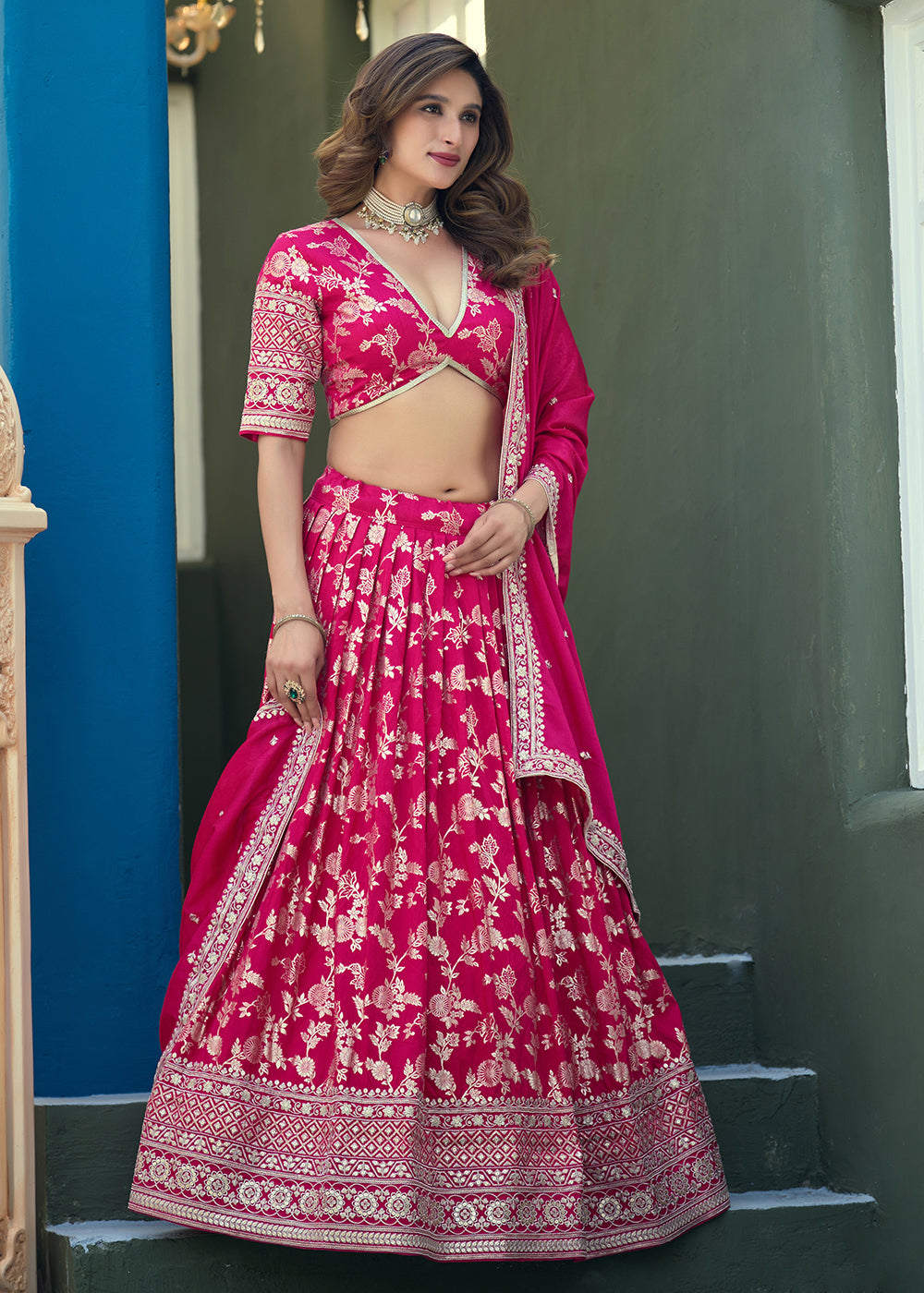 Buy Now Pink Dola Silk Jacquard Wedding Festive Lehenga Online in US, UK, Canada, France, Germany, Sweden, Greece, Denmark, Spain, UAE & Worldwide at Empress.