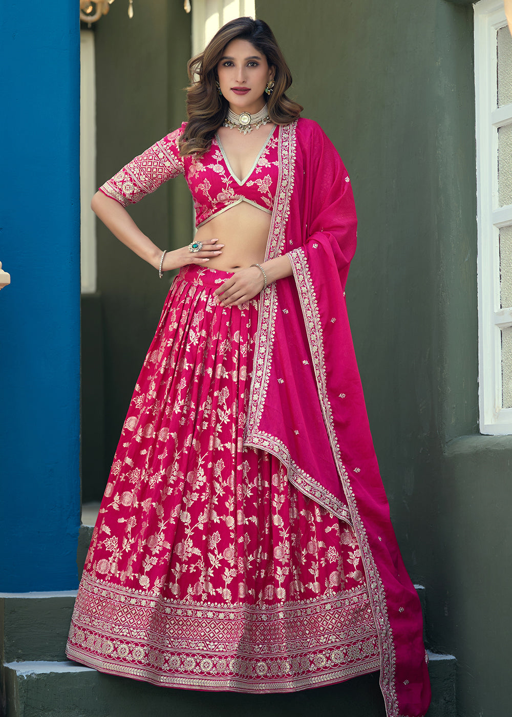 Buy Now Pink Dola Silk Jacquard Wedding Festive Lehenga Online in US, UK, Canada, France, Germany, Sweden, Greece, Denmark, Spain, UAE & Worldwide at Empress.