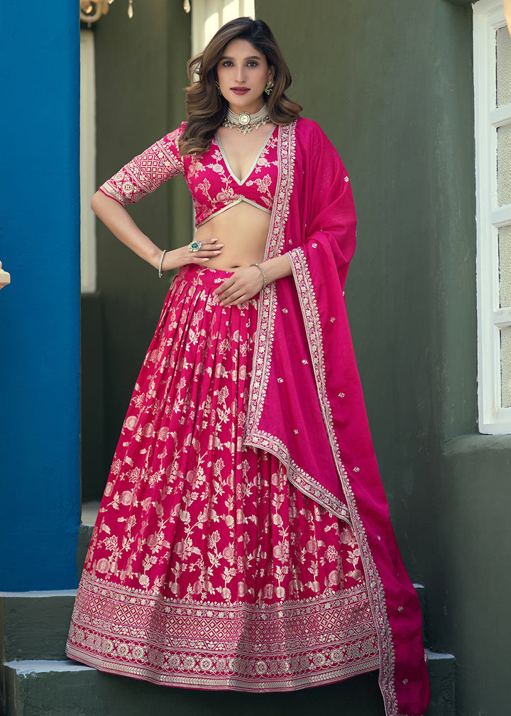Buy Now Pink Dola Silk Jacquard Wedding Festive Lehenga Online in US, UK, Canada, France, Germany, Sweden, Greece, Denmark, Spain, UAE & Worldwide at Empress.