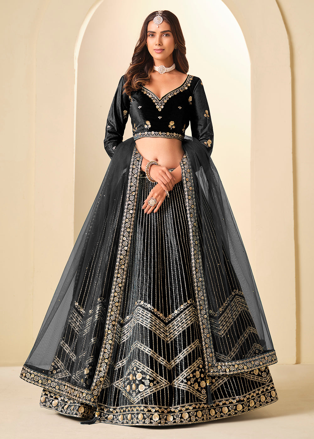 Buy Now Black Velvet Beutifully Embroidered Lehenga Choli Online in US, UK, Canada, France, Germany, Sweden, Greece, Denmark, Spain, UAE & Worldwide at Empress.