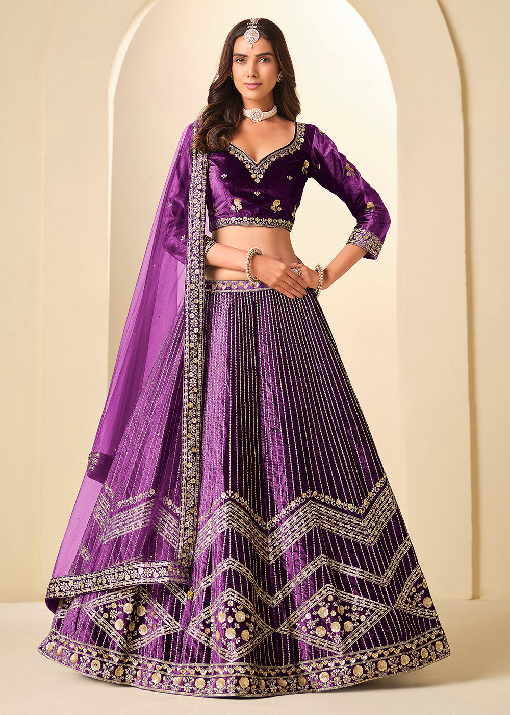 Buy Now Purple Velvet Beutifully Embroidered Lehenga Choli Online in US, UK, Canada, France, Germany, Sweden, Greece, Denmark, Spain, UAE & Worldwide at Empress.
