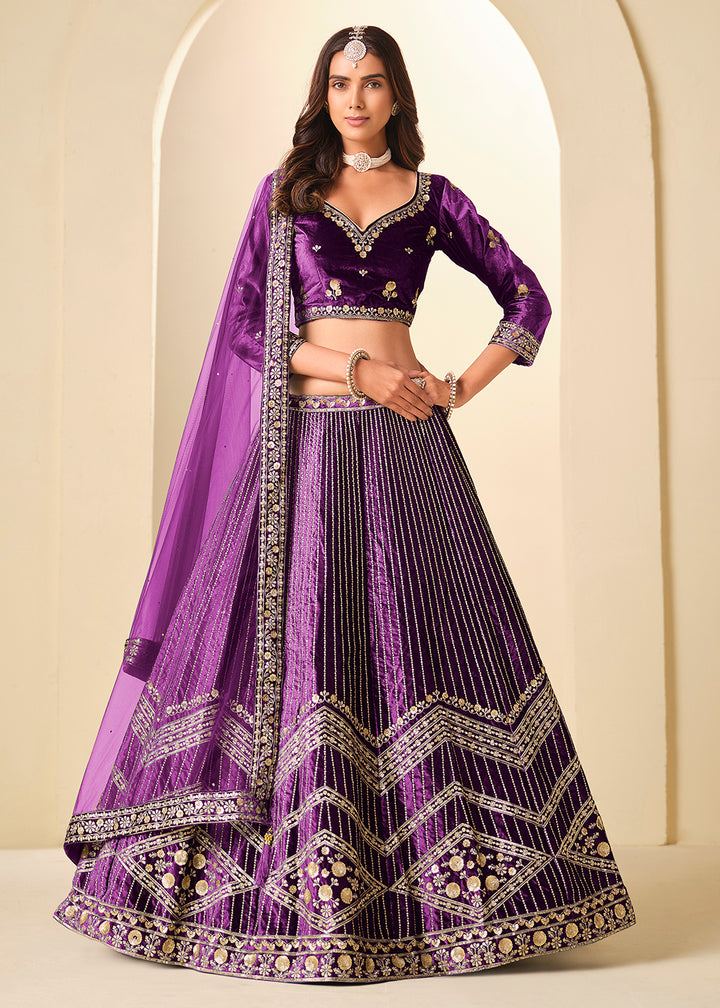 Buy Now Purple Velvet Beutifully Embroidered Lehenga Choli Online in US, UK, Canada, France, Germany, Sweden, Greece, Denmark, Spain, UAE & Worldwide at Empress.