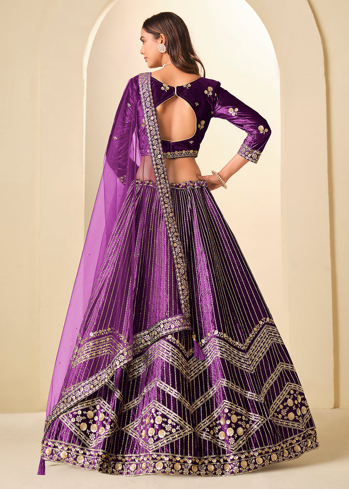 Buy Now Purple Velvet Beutifully Embroidered Lehenga Choli Online in US, UK, Canada, France, Germany, Sweden, Greece, Denmark, Spain, UAE & Worldwide at Empress.