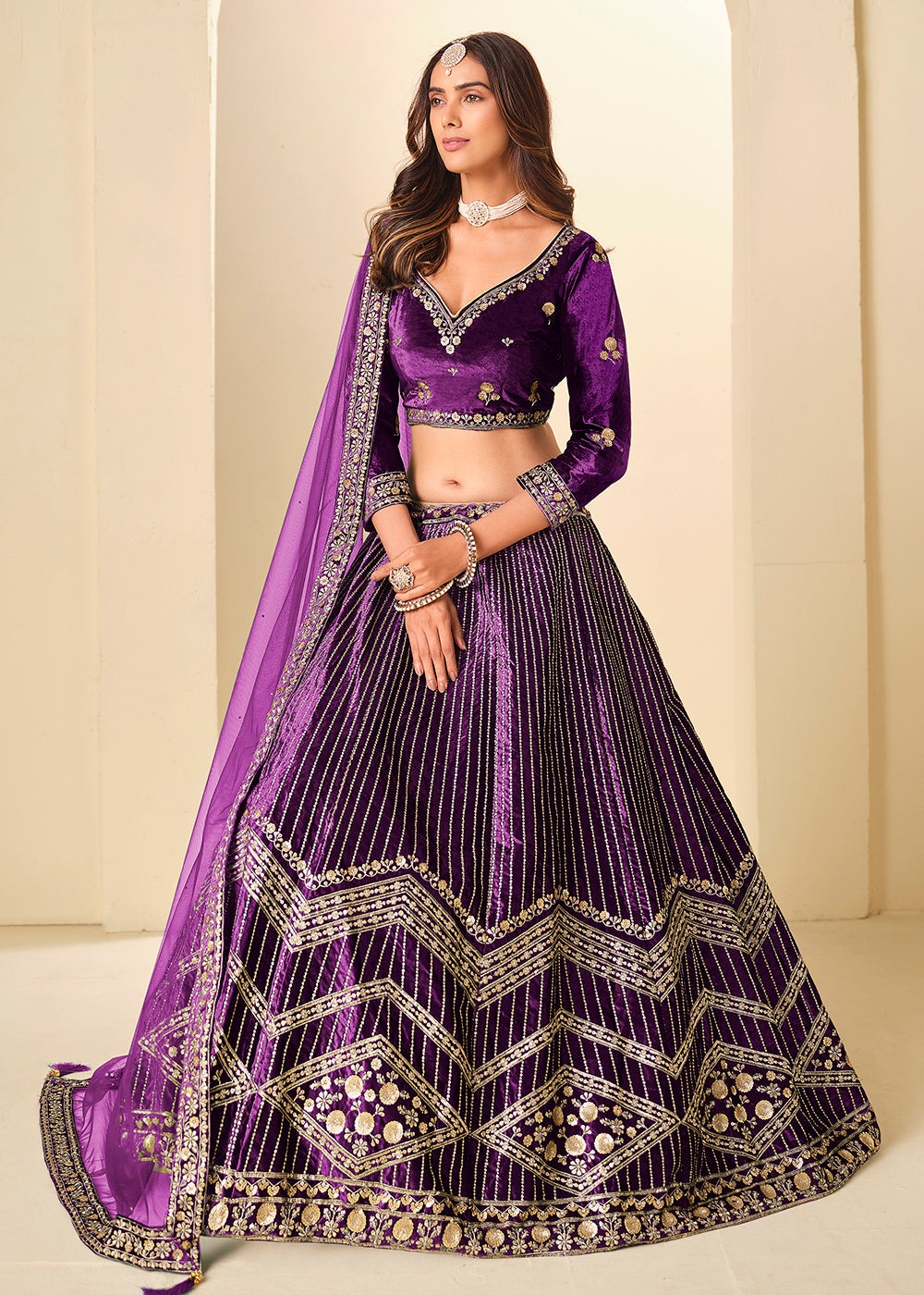 Buy Now Purple Velvet Beutifully Embroidered Lehenga Choli Online in US, UK, Canada, France, Germany, Sweden, Greece, Denmark, Spain, UAE & Worldwide at Empress.