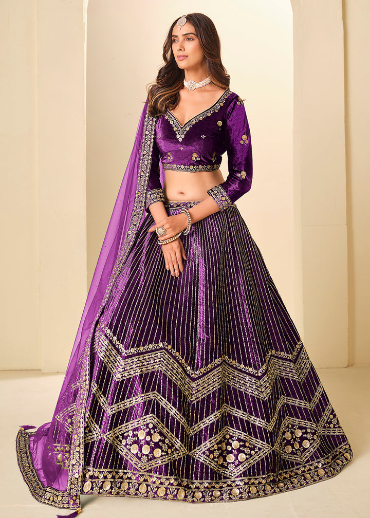 Buy Now Purple Velvet Beutifully Embroidered Lehenga Choli Online in US, UK, Canada, France, Germany, Sweden, Greece, Denmark, Spain, UAE & Worldwide at Empress.