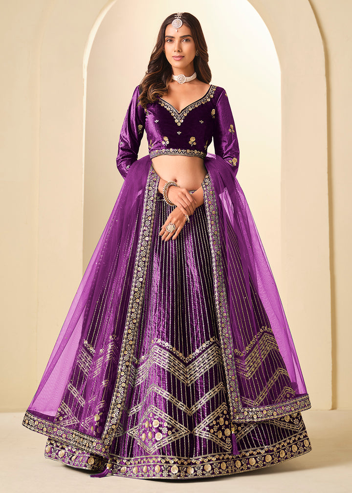 Buy Now Purple Velvet Beutifully Embroidered Lehenga Choli Online in US, UK, Canada, France, Germany, Sweden, Greece, Denmark, Spain, UAE & Worldwide at Empress.
