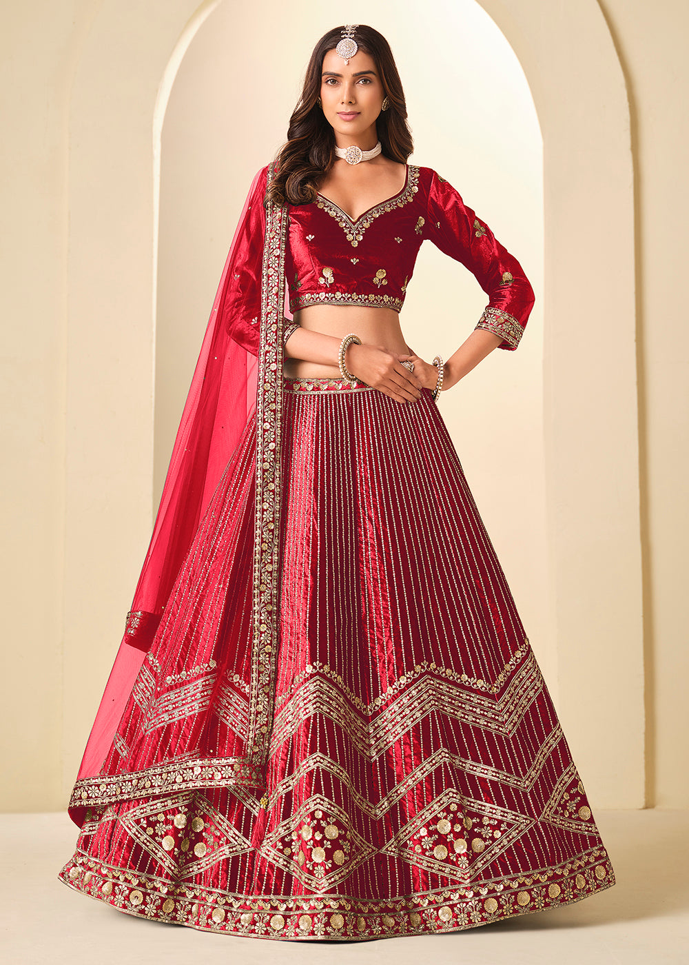Buy Now Red Velvet Beutifully Embroidered Lehenga Choli Online in US, UK, Canada, France, Germany, Sweden, Greece, Denmark, Spain, UAE & Worldwide at Empress.