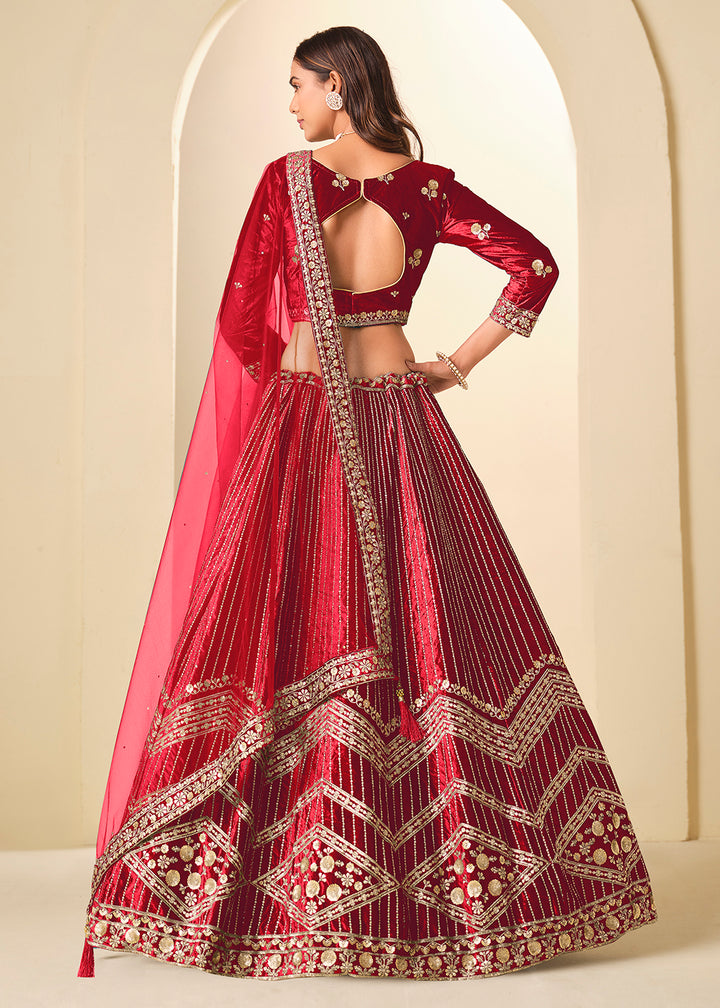 Buy Now Red Velvet Beutifully Embroidered Lehenga Choli Online in US, UK, Canada, France, Germany, Sweden, Greece, Denmark, Spain, UAE & Worldwide at Empress.