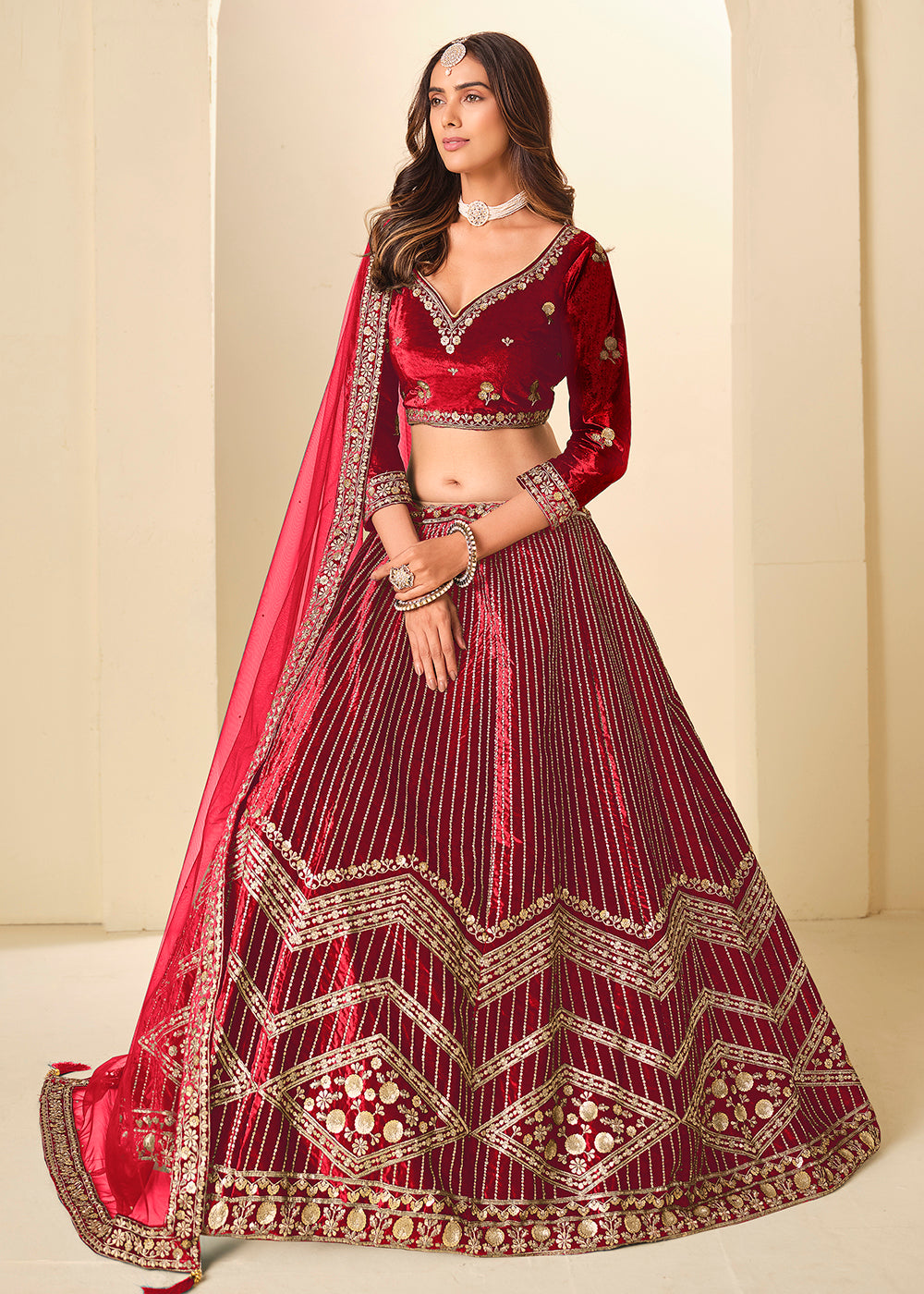 Buy Now Red Velvet Beutifully Embroidered Lehenga Choli Online in US, UK, Canada, France, Germany, Sweden, Greece, Denmark, Spain, UAE & Worldwide at Empress.