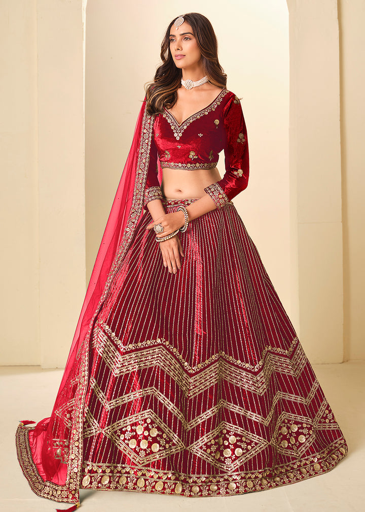Buy Now Red Velvet Beutifully Embroidered Lehenga Choli Online in US, UK, Canada, France, Germany, Sweden, Greece, Denmark, Spain, UAE & Worldwide at Empress.