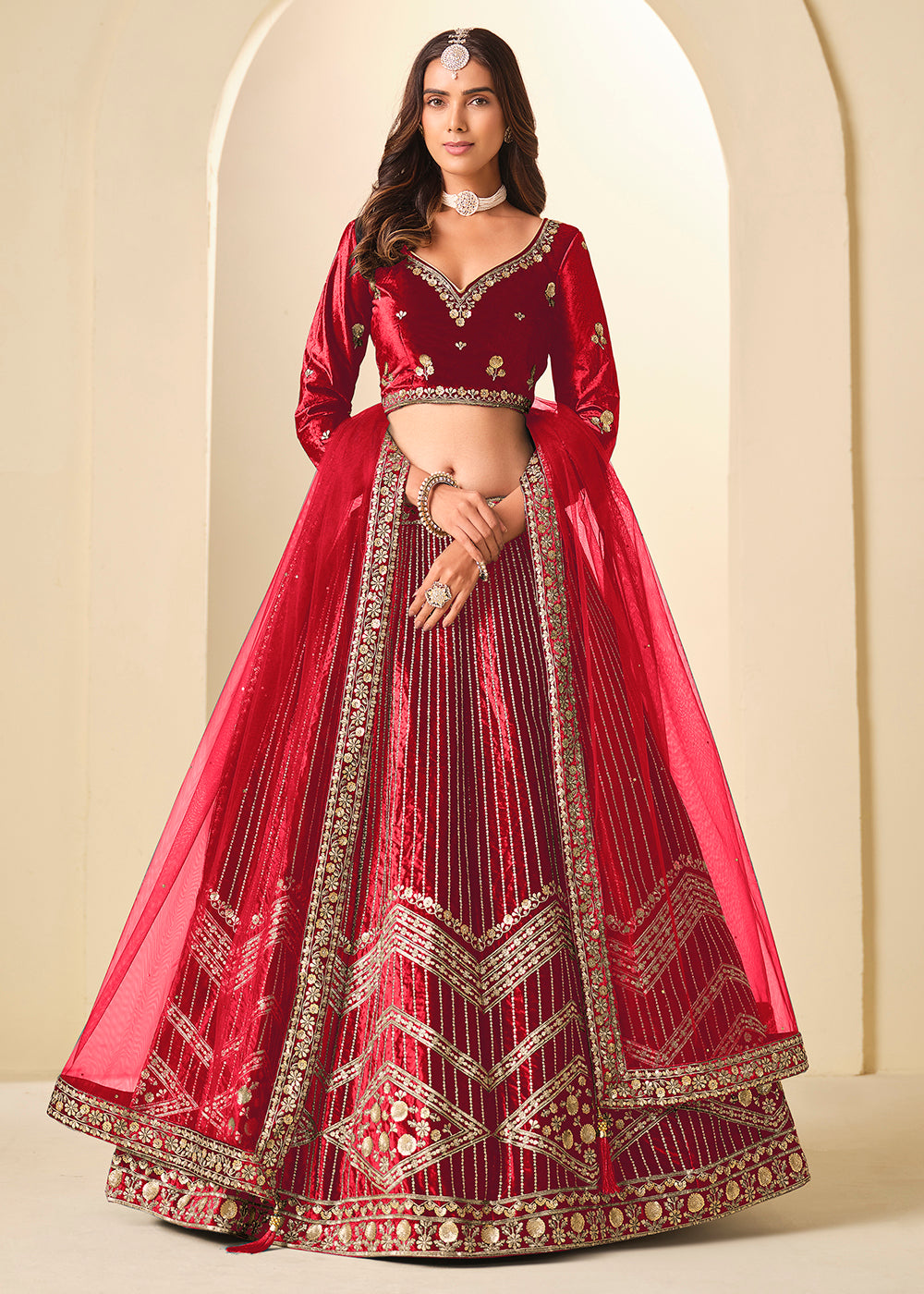 Buy Now Red Velvet Beutifully Embroidered Lehenga Choli Online in US, UK, Canada, France, Germany, Sweden, Greece, Denmark, Spain, UAE & Worldwide at Empress.