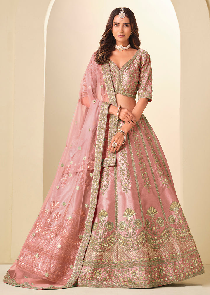 Buy Now Pink Gold Embroidered Art Silk Wedding Lehenga Choli Online in USA, UK, France, Swiss, Netherlands, Germany, Italy, Qatar, UAE & Worldwide at Empress.