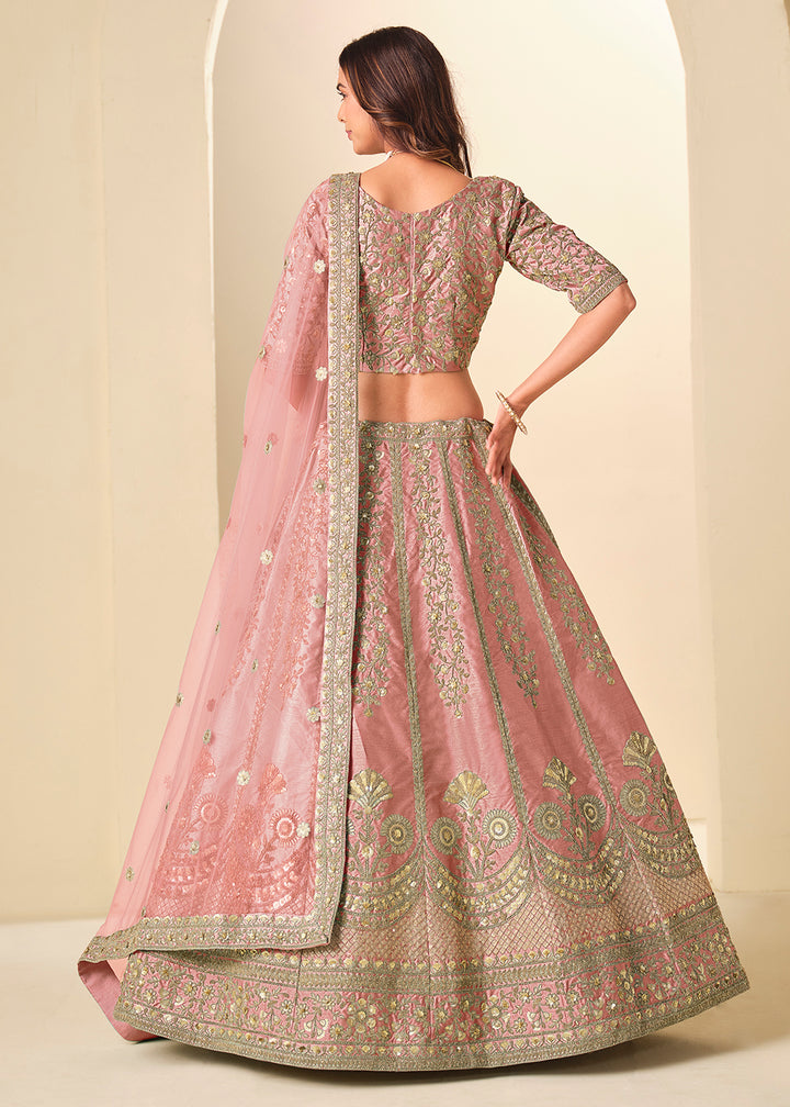 Buy Now Pink Gold Embroidered Art Silk Wedding Lehenga Choli Online in USA, UK, France, Swiss, Netherlands, Germany, Italy, Qatar, UAE & Worldwide at Empress.
