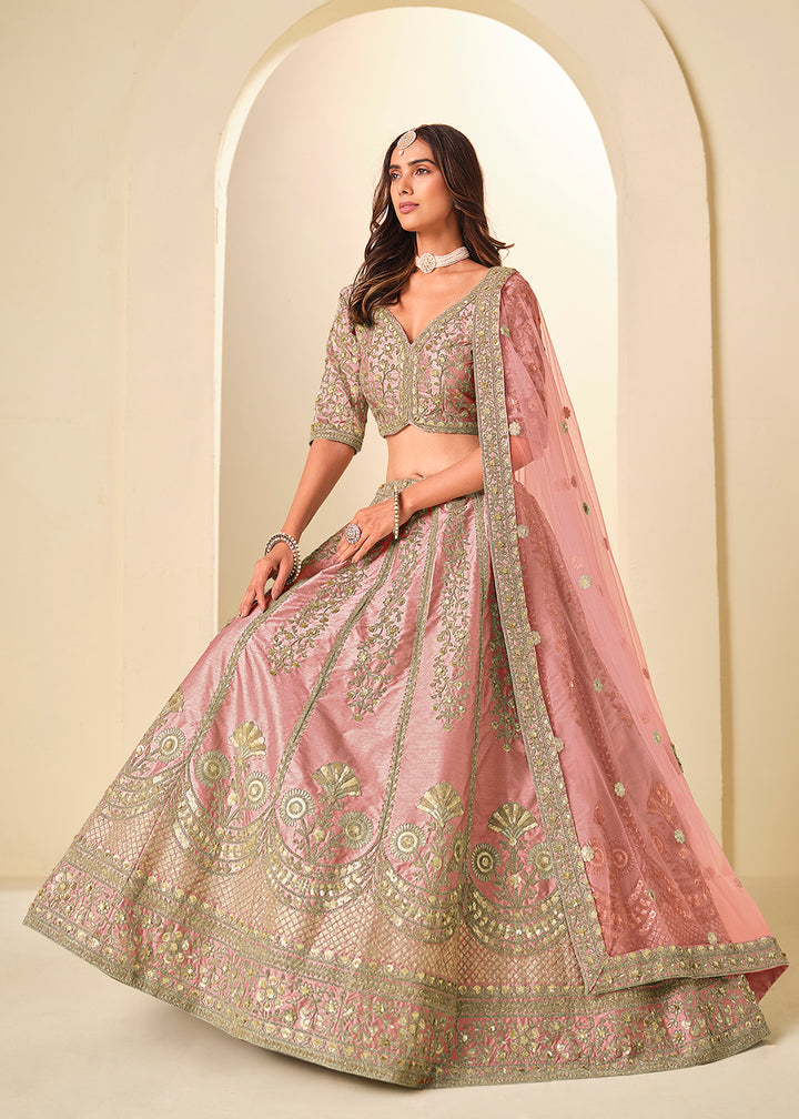 Buy Now Pink Gold Embroidered Art Silk Wedding Lehenga Choli Online in USA, UK, France, Swiss, Netherlands, Germany, Italy, Qatar, UAE & Worldwide at Empress.