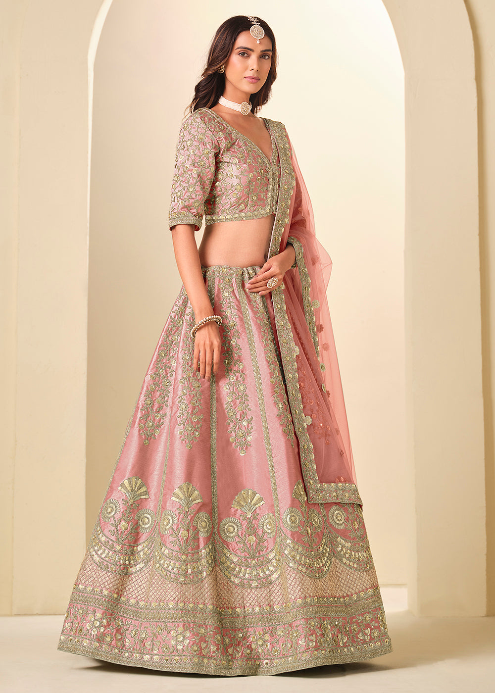 Buy Now Pink Gold Embroidered Art Silk Wedding Lehenga Choli Online in USA, UK, France, Swiss, Netherlands, Germany, Italy, Qatar, UAE & Worldwide at Empress.