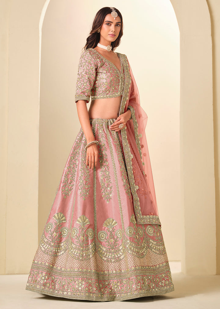 Buy Now Pink Gold Embroidered Art Silk Wedding Lehenga Choli Online in USA, UK, France, Swiss, Netherlands, Germany, Italy, Qatar, UAE & Worldwide at Empress.