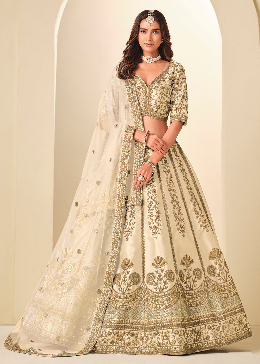 Buy Now Cream Gold Embroidered Art Silk Wedding Lehenga Choli Online in USA, UK, France, Swiss, Netherlands, Germany, Italy, Qatar, UAE & Worldwide at Empress.