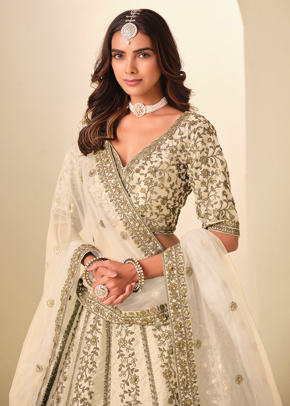 Buy Now Cream Gold Embroidered Art Silk Wedding Lehenga Choli Online in USA, UK, France, Swiss, Netherlands, Germany, Italy, Qatar, UAE & Worldwide at Empress.