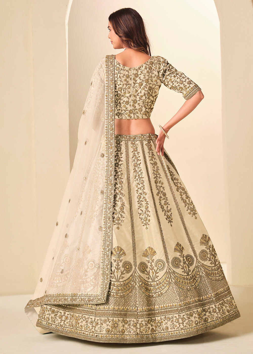 Buy Now Cream Gold Embroidered Art Silk Wedding Lehenga Choli Online in USA, UK, France, Swiss, Netherlands, Germany, Italy, Qatar, UAE & Worldwide at Empress.