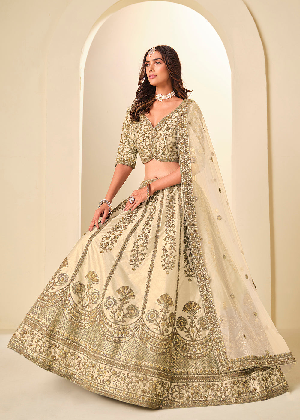 Buy Now Cream Gold Embroidered Art Silk Wedding Lehenga Choli Online in USA, UK, France, Swiss, Netherlands, Germany, Italy, Qatar, UAE & Worldwide at Empress.