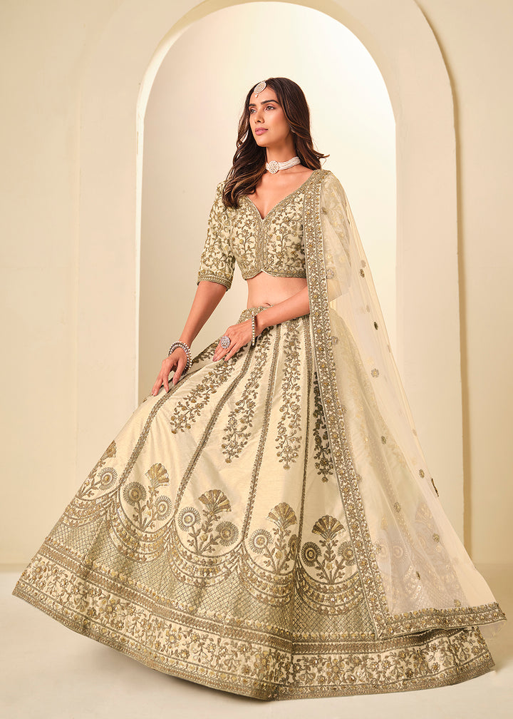 Buy Now Cream Gold Embroidered Art Silk Wedding Lehenga Choli Online in USA, UK, France, Swiss, Netherlands, Germany, Italy, Qatar, UAE & Worldwide at Empress.