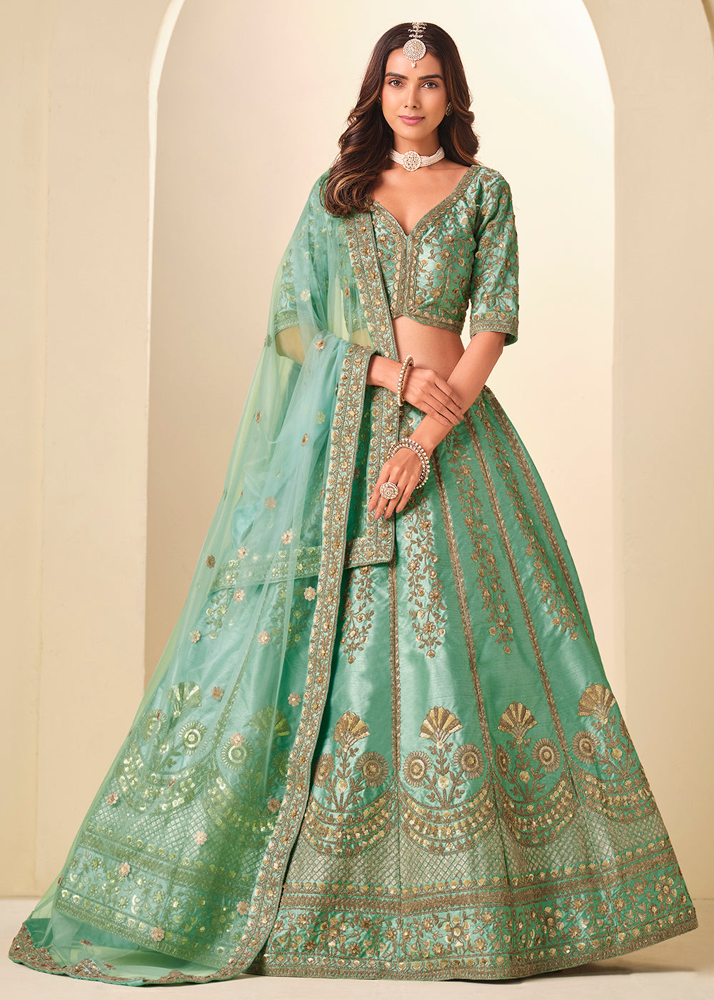 Buy Now Green Gold Embroidered Art Silk Wedding Lehenga Choli Online in USA, UK, France, Swiss, Netherlands, Germany, Italy, Qatar, UAE & Worldwide at Empress.