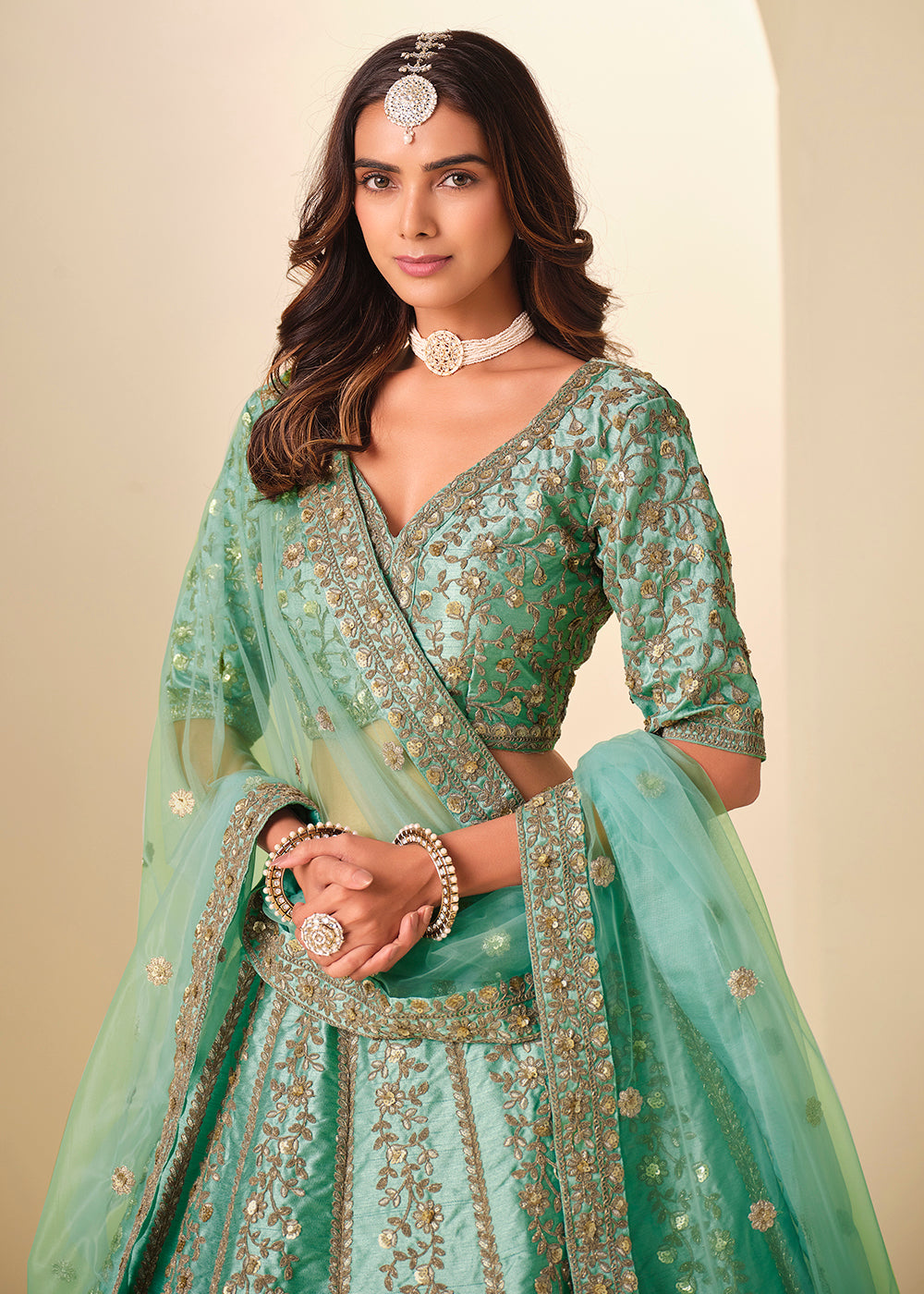 Buy Now Green Gold Embroidered Art Silk Wedding Lehenga Choli Online in USA, UK, France, Swiss, Netherlands, Germany, Italy, Qatar, UAE & Worldwide at Empress.
