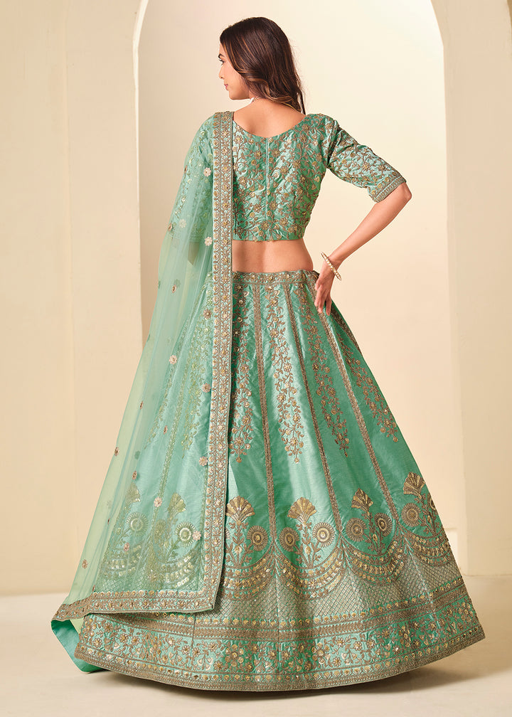 Buy Now Green Gold Embroidered Art Silk Wedding Lehenga Choli Online in USA, UK, France, Swiss, Netherlands, Germany, Italy, Qatar, UAE & Worldwide at Empress.