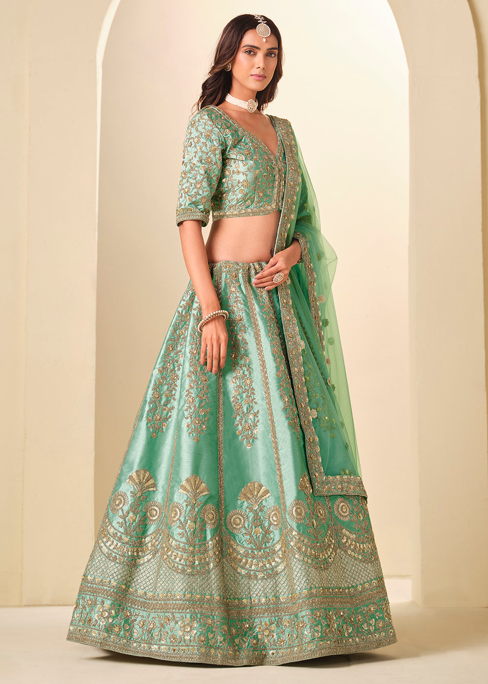 Buy Now Green Gold Embroidered Art Silk Wedding Lehenga Choli Online in USA, UK, France, Swiss, Netherlands, Germany, Italy, Qatar, UAE & Worldwide at Empress.