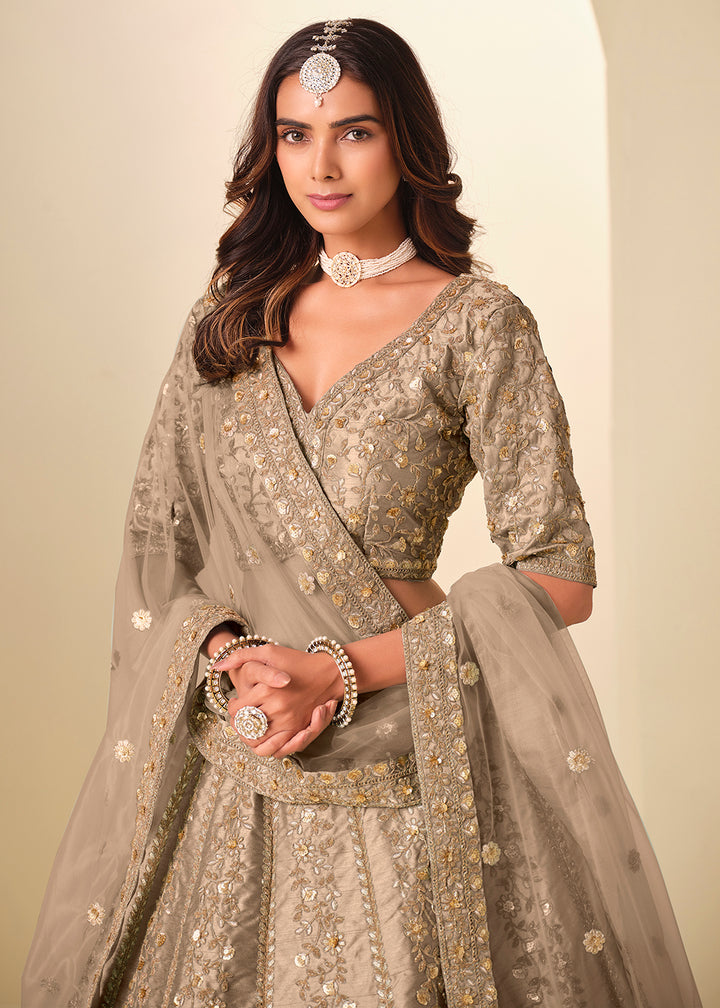 Buy Now Brown Gold Embroidered Art Silk Wedding Lehenga Choli Online in USA, UK, France, Swiss, Netherlands, Germany, Italy, Qatar, UAE & Worldwide at Empress.