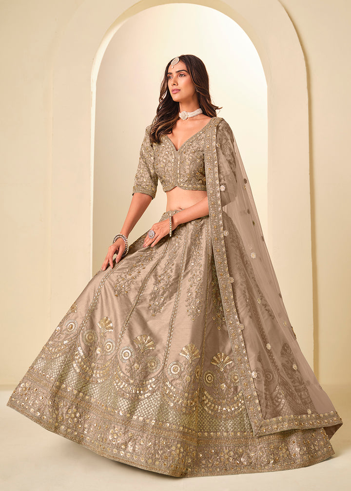Buy Now Brown Gold Embroidered Art Silk Wedding Lehenga Choli Online in USA, UK, France, Swiss, Netherlands, Germany, Italy, Qatar, UAE & Worldwide at Empress.
