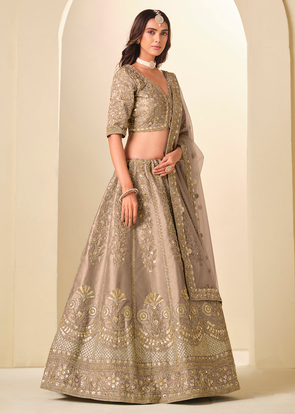 Buy Now Brown Gold Embroidered Art Silk Wedding Lehenga Choli Online in USA, UK, France, Swiss, Netherlands, Germany, Italy, Qatar, UAE & Worldwide at Empress.