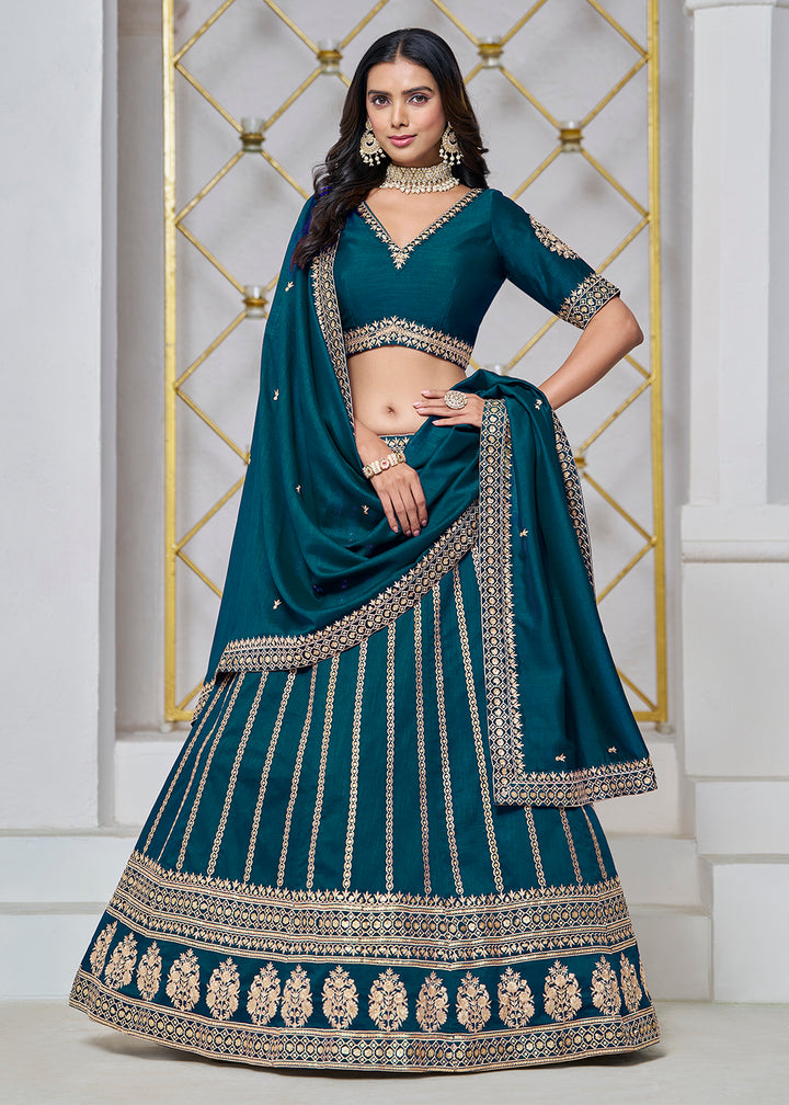 Buy Now Art Silk Teal Embroidered Festive Lehenga Choli Online in USA, UK, Canada, UAE & Worldwide at Empress Clothing. 