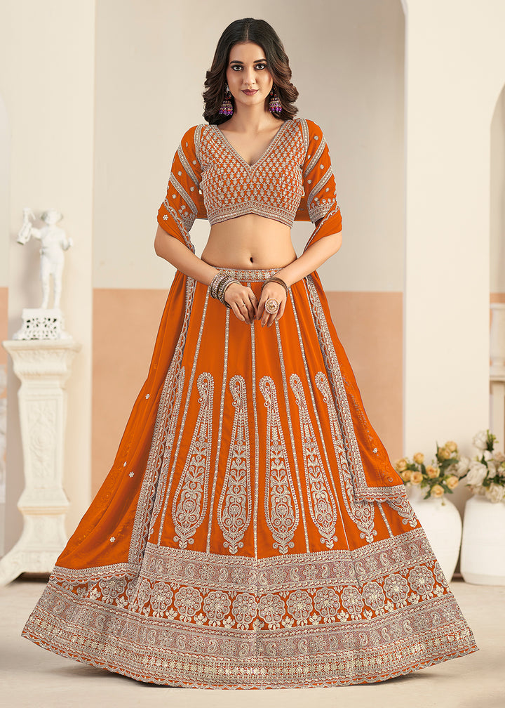 Buy Now Orange Faux Georgette Embroidery Lehenga Choli Online in US, UK, France, Swiss, Netherlands, Germany, Italy, Canada, Australia & Worldwide at Empress.
