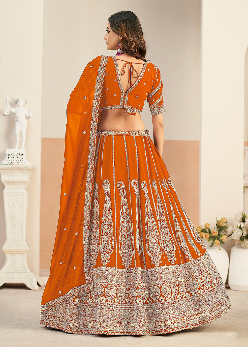 Buy Now Orange Faux Georgette Embroidery Lehenga Choli Online in US, UK, France, Swiss, Netherlands, Germany, Italy, Canada, Australia & Worldwide at Empress.